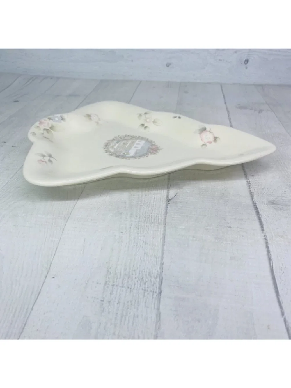1980's Pfaltzgraff TEA ROSE Pink Roses Blue Flowers Stoneware Tree Shape Dish